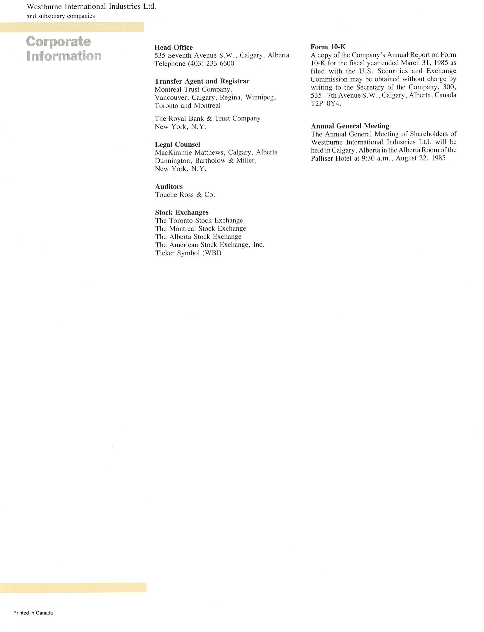 Rapport Annuel Westburne International Industries 1985