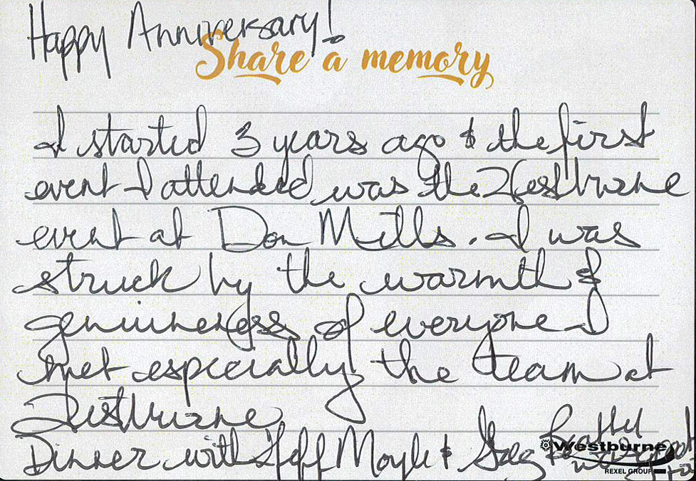 First Westburne Event and Anniversary Reflection